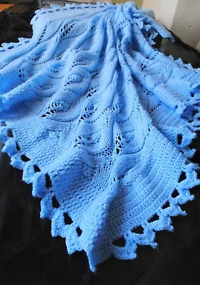 Hand Knitted Baby Blanket Lace Shawl Christening Baptism Baby Gift Baby Blue • £52