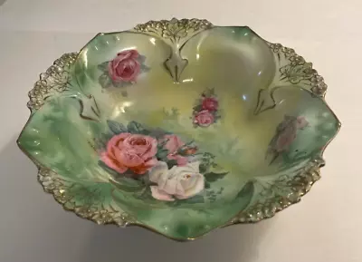 R S Prussia (red Mark) Footed 7 3/4  Bowl Pink & White Roses  Green & Gold • $20