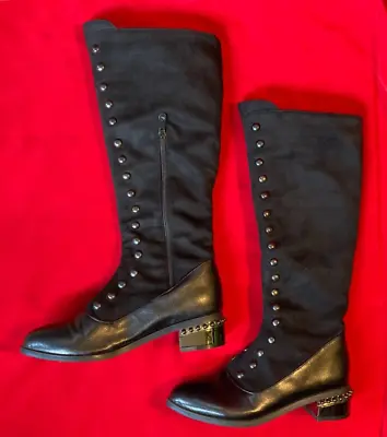 Knee High Black Military Style Boot Inside Side Zip Stud Heal Detail Size 8 • $30