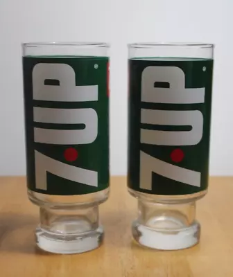 Pair Of Vintage 7UP Green/white 12 Oz Footed Glasses  The Uncola  • $15