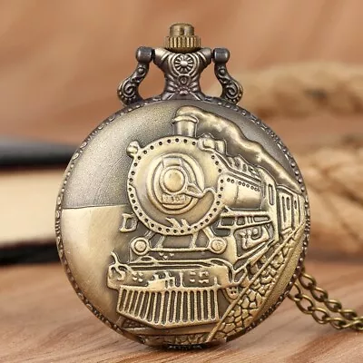 Vintage Train Locomotive Full Hunter Analog Quartz Pocket Watch Necklace Chain • $5.34