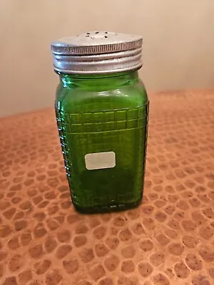 Vintage Owens Green Waffle Squared Glass Shaker Spice Jar With Tin Silver Lid • $25