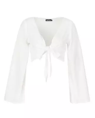 £8.77 • Buy Boohoo White Tie Front Long Sleeved Cropped Beach Top BNWT Size L / UK 12 14