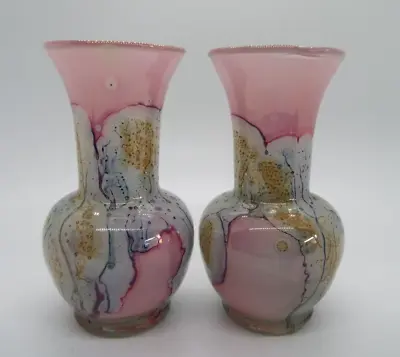 2 X LOVELY  11 Cm GLASS VASES WITH MARBLE EFFECT DECORATION IN PINK GOLD & GREY • £11.95