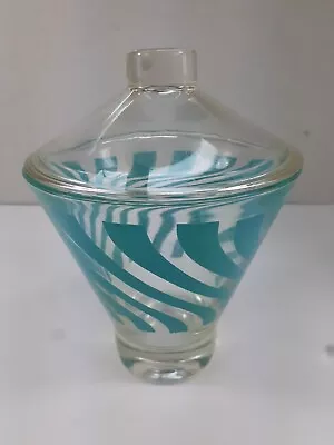 $25 • Buy Vintage ART DECO APOTHECARY JAR Candy Dish TEAL STRIPE Mid Century Glass W/Lid