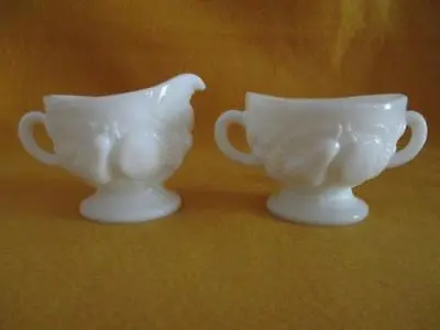 2 Piece Set Milk Glass Creamer & Sugar Set Fruit Pattern Pear/Peach/Grapes EUC • $4.99