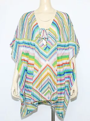 NWT ECHO DESIGN Multi-Stripe Sheer 100% Cotton Kaftan Swimsuit Cover-Up Size 1 S • $19.98