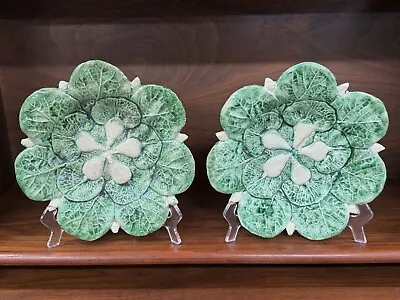 Pair Antique Glazed Majolica Pallisy Style High Relief Cabbage Plates Portugal • £284.31