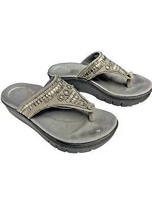 ABEO FLIP FLOPS Mystic Sandals Thong Gray Leather SILVER Embellished BEADS 8 • $14.99