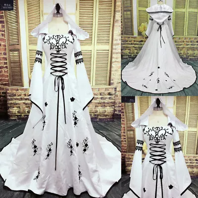 Medieval Wedding Dresses Bridal Gown Embroidery A Line Satin Hooded Black&White • $158.09