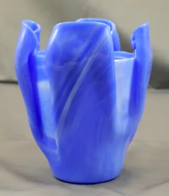 Vintage Blue White Swirl Slag Glass. Studio Art Glass Folded Handkerchief Vase • $16.99
