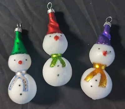 3 Glass Snowman Ornaments Made In Poland Hand Painted Fuzzy • $25