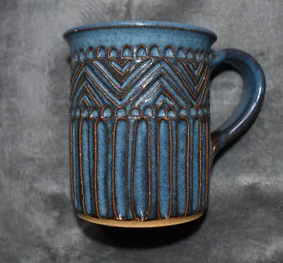 $26.99 • Buy Handmade Wheel Thrown Pottery Stoneware Etched Carved Coffee Cup Blue Brown