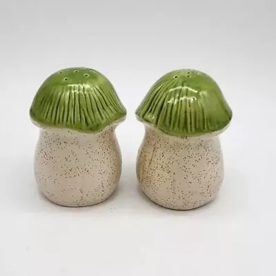 Cottage Core Mushroom Salt & Pepper Shakers Green Tops VINTAGE  Missing Stopper • $15