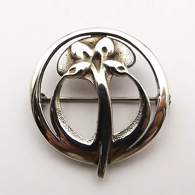 Sterling Silver Circular Brooch Flower Design In Art Nouveau Style By Ola Gorie • £48.99