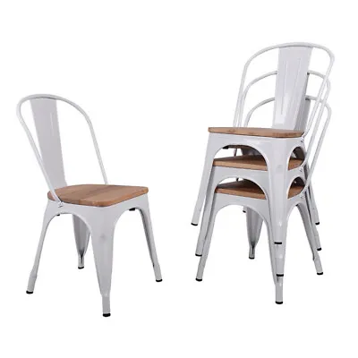 Set Of 4 Dining Chairs Stackable Side Metal Tolix Kitchen Chairs Wood Seat White • $144.95