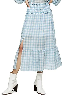 NEW Topshop Size 6 Gingham Smocked Tiered Midi Skirt Blue White Checked Womens • $5
