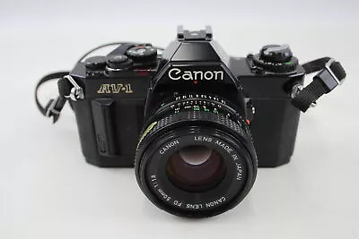 Canon AV-1 SLR Vintage Film Camera All Black Working W/ Canon FD 50mm F/1.8 Lens • £22.11