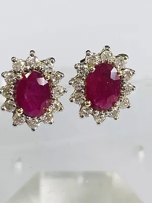 18ct Yellow Gold Ruby Diamonds Large Oval Cluster Stud Earrings • £1195