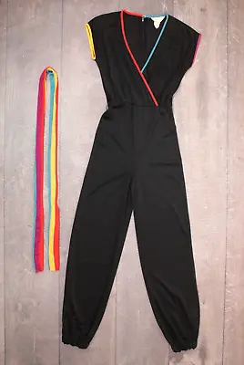 Vtg Women's 70s 80s Black Colorful Trim Jumpsuit 1970s 1980s XS/S Nylon Disco • $79.99