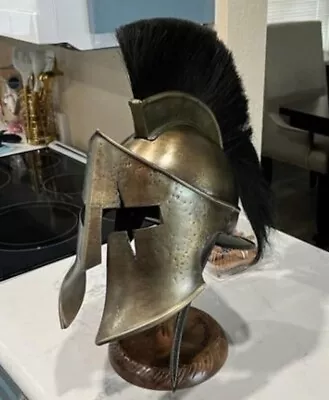 Spartan Helmet Steel Metal Leather Strap Horse Hair Wooden Display Stand Gift • $84.69
