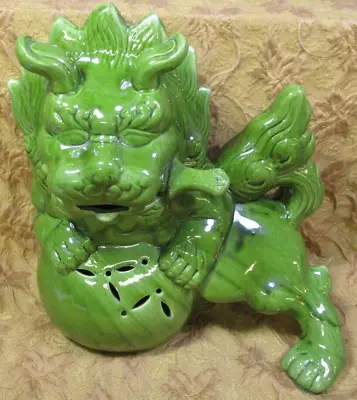 $16 • Buy Large Ceramic Horned Green Dragon With Knife In Its Mouth -felt Base