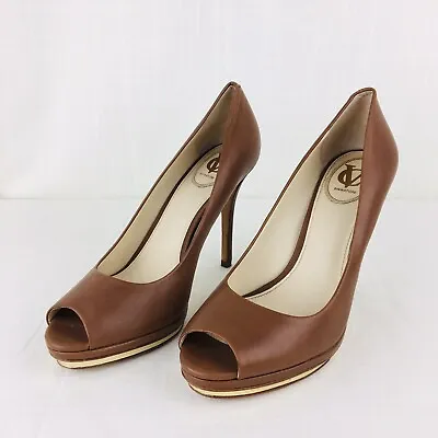 Vince Camuto VC Signature 8.5 Amour Platform Peep-Toe Leather Heels Nutmeg EUC • $32.63