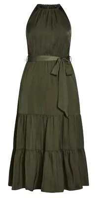 City Chic Small Tiered Halter Maxi Dress Khaki Green Plus Size 16/18 • $75