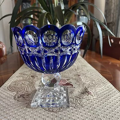 Vintage Cobalt Blue Cut To Clear  Czech Bohemian Lead Crystal Vase On Foot 9.75” • $99