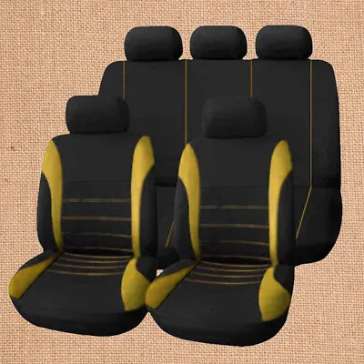 Car Seat Cover Front Rear Seat Protector Yellow Mat Polyester Fabric Full Set • $45.14