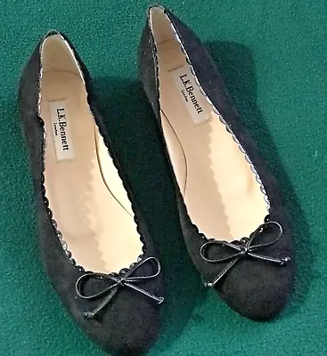 L K Bennett London BLACK Suede Ballerina Flats Scalloped Edge Ladies 37 Worn 1X • $35