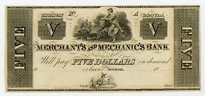 1800's $5 The Merchants And Mechanics Bank - Monroe MICHIGAN Note AU • $79