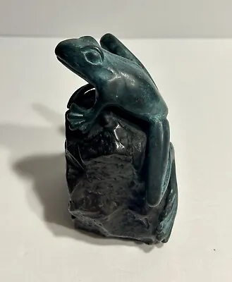 Bronze Sculpture Bookend Paperweight Frog On Rock Artsy Substantial Cool 6” • $125