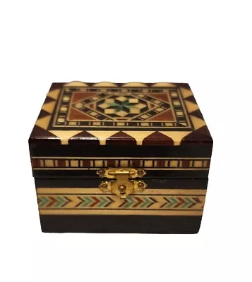 Marquetry Trinket Box Wood Inlay Mosaic Possibly Spanish Hindged Lid • $12