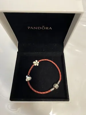 Pandora Red Leather Bracelet With Heart And Flower Clips • $99