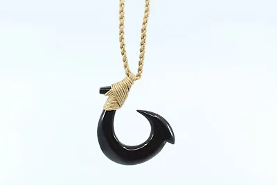 Hawaiian Fish Hook Necklace (Black Buffalo Bone) - Hand Carved Polynesian • $12.26