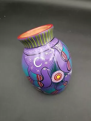 Vtg Unique Mexico Slant Wall Vase Folk Art  Hand Painted Red Clay Pottery Birds • $14