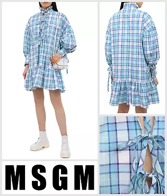 MSGM Mini Dress Size UK 14 IT 46 Ruffle Puff Sleeve MADE IN ITALY - Blue / Green • £135