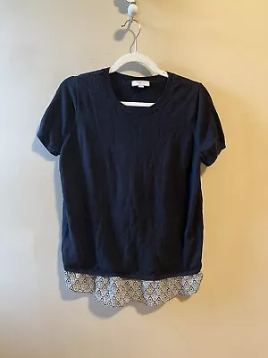 Loft Paisley Mixed Media Crossover Back Black Short Sleeve Sweater LP Petite L • $11.04