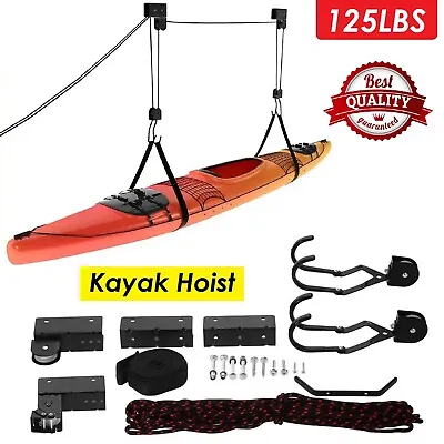 Kayak Hoist Bicycle Lift Pulley System Garage Ceiling Hook Storage Rack 125lbs • $56.99