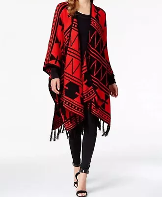 Kensie Tribal Print Fringe Detail Sweater Poncho Paprika Combo One Size NWT • $19.99