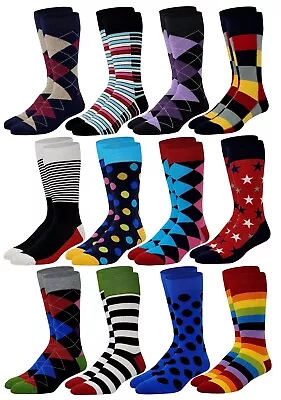 12 Pairs Men's Colorful Funky Design Fashion Premium Cotton Dress Socks • $29.99