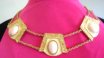 Signed Monet Necklace Angelskin Pink Cabochon Cream  Gold Tone Ysl Era Vintage • $79