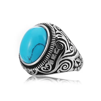 MENDEL Mens Simulated Oval Turquoise Stone Ring Men Stainless Steel Size 7 8-15 • $6.61