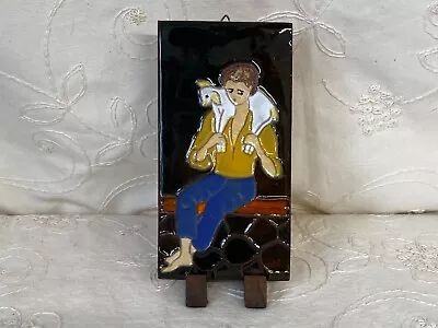 Vintage Folk Art Ceramic Decorative Tile Shepherd And Lamb Wall Decor • $14