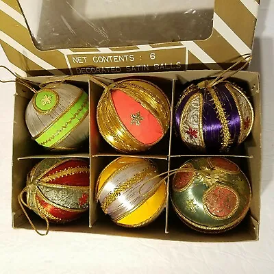 Vintage Decorated Satin Ball Christmas Ornaments Montgomery Ward Japan Box Of 6 • $44.95