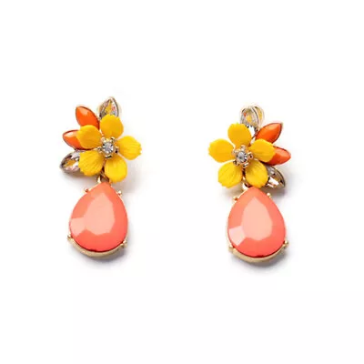 J Crew Vintage Light Orange Yellow Resin White Crystal Flower Teardrop Earrings • $12.95