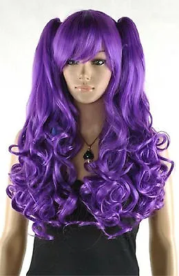 New Lolita Dark Purple Long Curly Women's Cosplay +2 Ponytail Anime Wigs • £24.60
