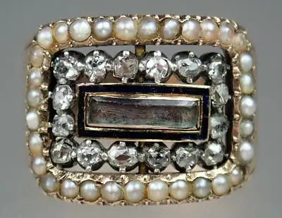 Antique Georgian 10K Gold Mine Cut Diamond Pearl Hair Swivel Mourning Ring Box 7 • $2750