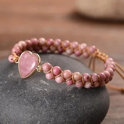 Rhodochrosite Heart Charm Women Girls Healing Handmade Braided Bracelet Gift • $12.03